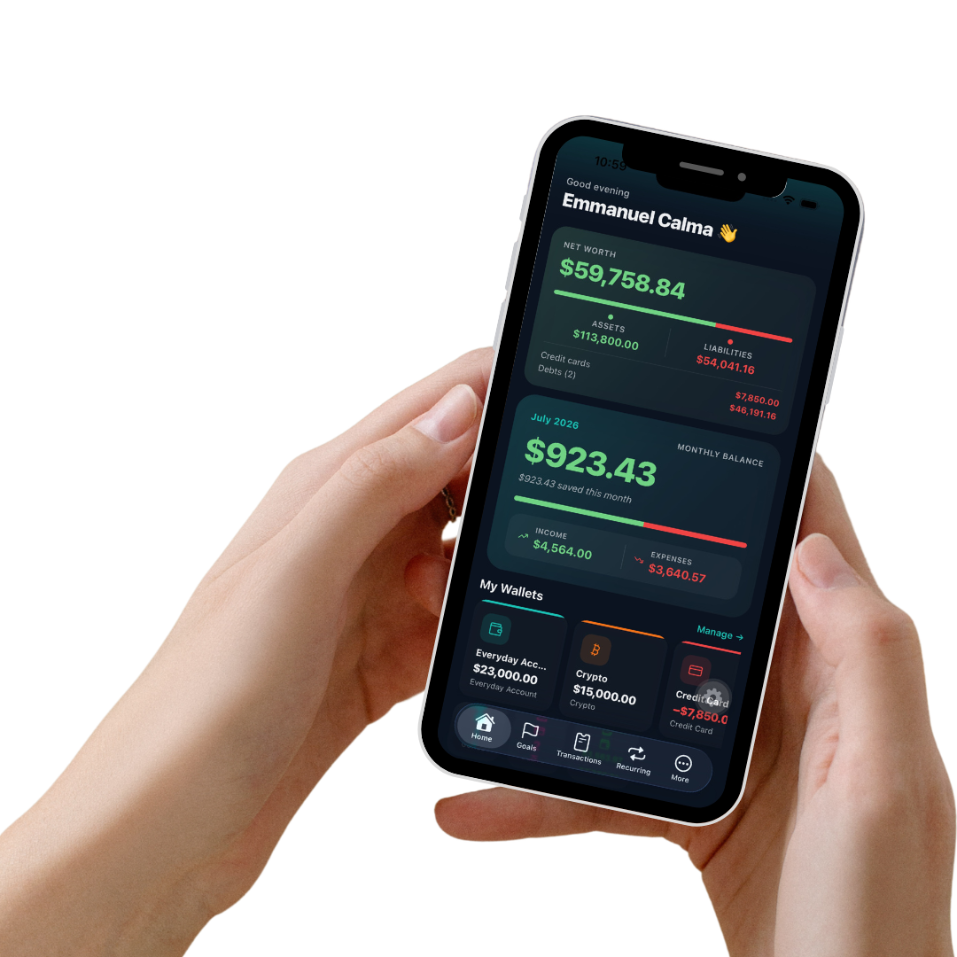 DoshMngr net worth screen showing assets, liabilities and total net worth